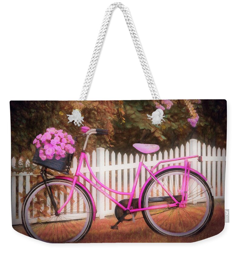 Bike Weekender Tote Bag featuring the photograph Bicycle by the Garden Fence II Painting by Debra and Dave Vanderlaan