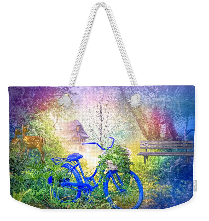 Barn Weekender Tote Bag featuring the photograph Bicycle in the Mist by Debra and Dave Vanderlaan