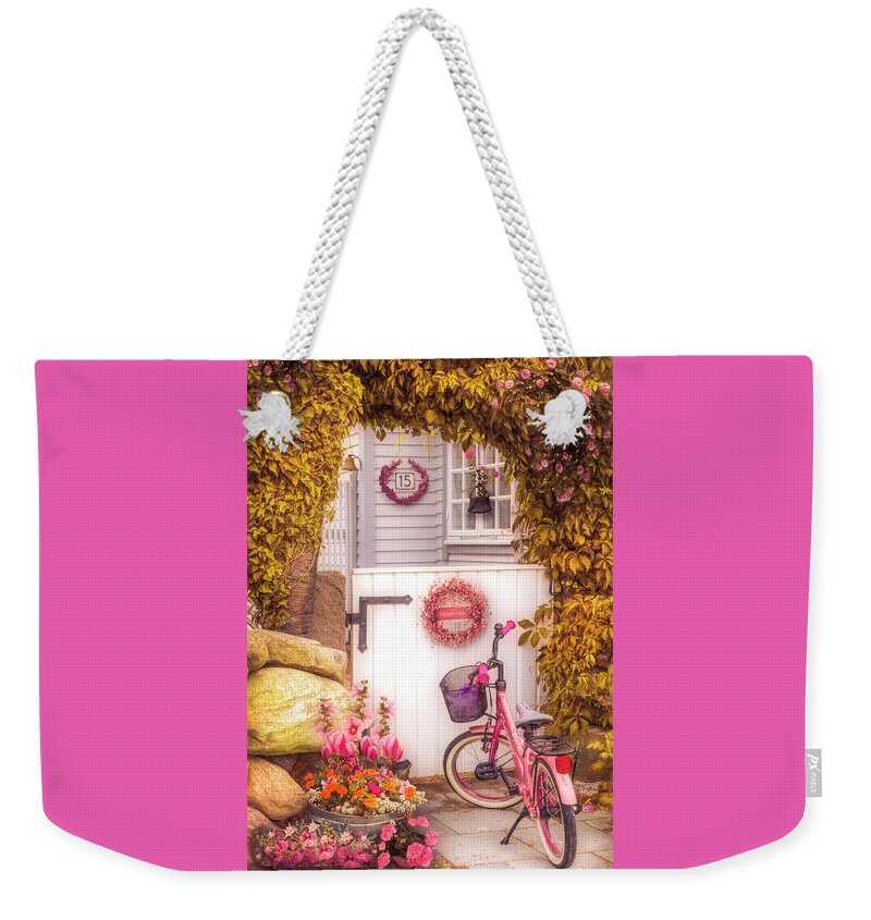 Spring Weekender Tote Bag featuring the photograph Bicycle Waiting at the Garden Gate in the Early Evening by Debra and Dave Vanderlaan