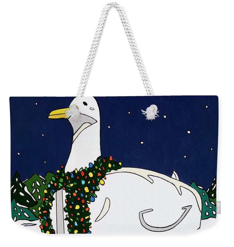 Bigduck Duck Christmas Snow Flanders Longisland Weekender Tote Bag featuring the painting Big Duck at Christmas by Mike Stanko