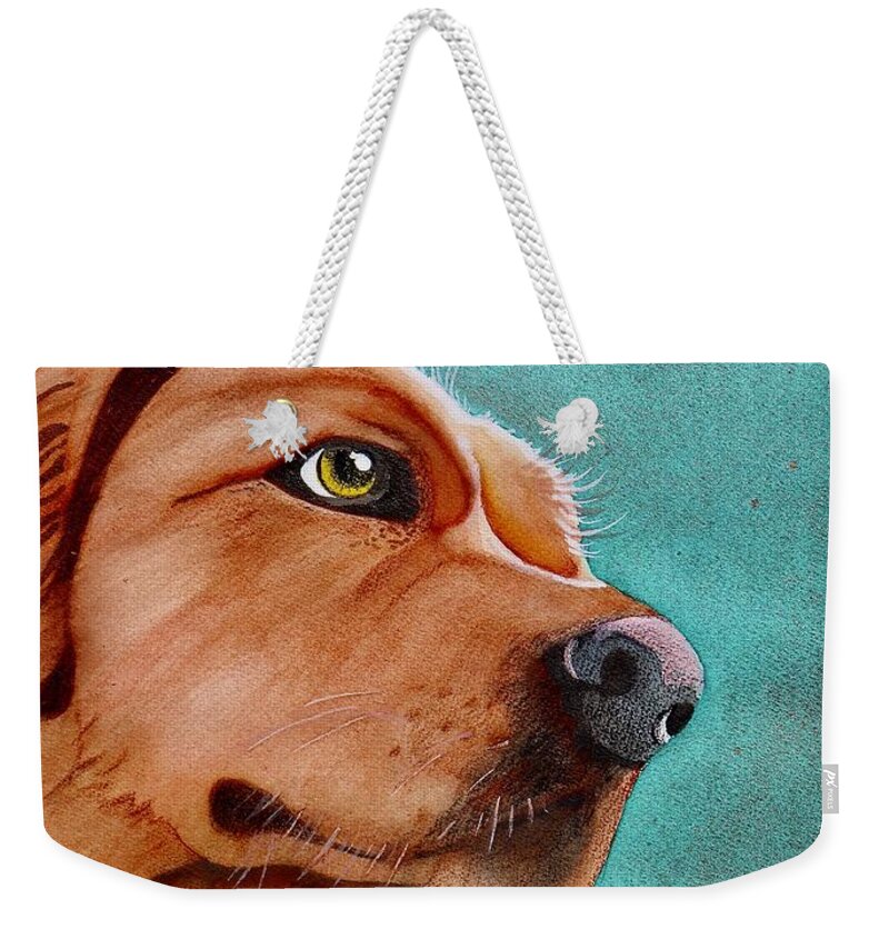 Teal Weekender Tote Bag featuring the painting Big Red Dog Watercolor by Kimberly Walker