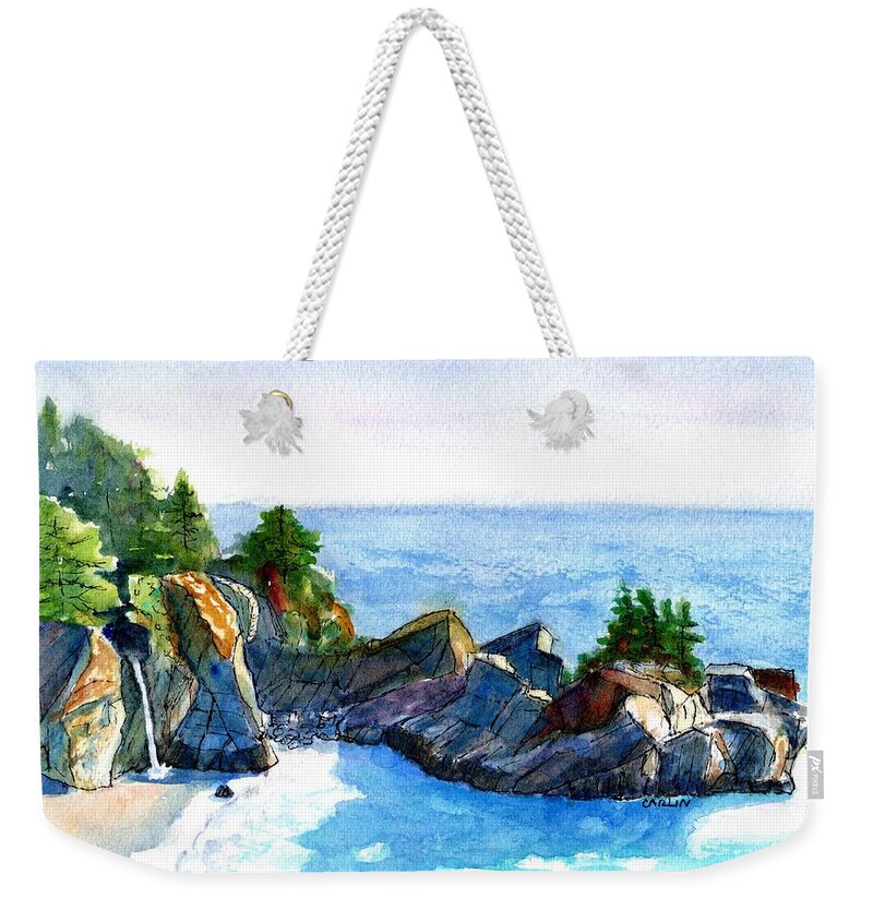 Mcway Falls Weekender Tote Bag featuring the painting Big Sur McWay Falls by Carlin Blahnik CarlinArtWatercolor