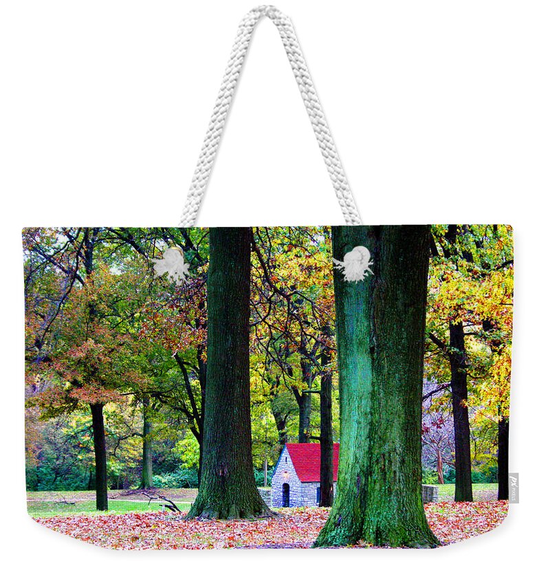 Landscape Weekender Tote Bag featuring the photograph Big Trees Little House In Woods by Patrick Malon