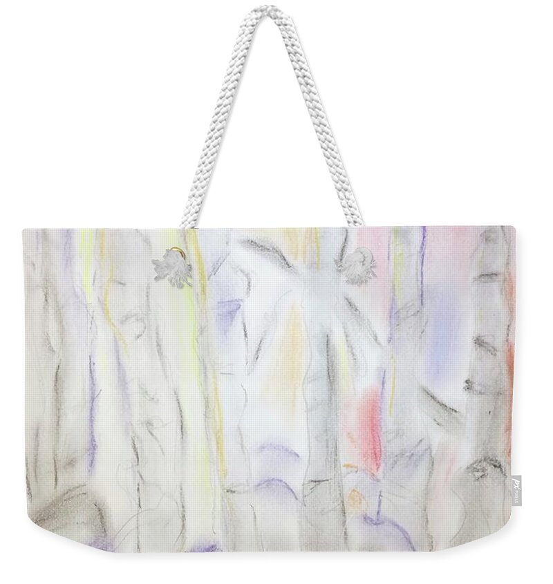 Birch Tree Weekender Tote Bag featuring the pastel Birch Forest Nearing Sunset by Suzanne Berthier