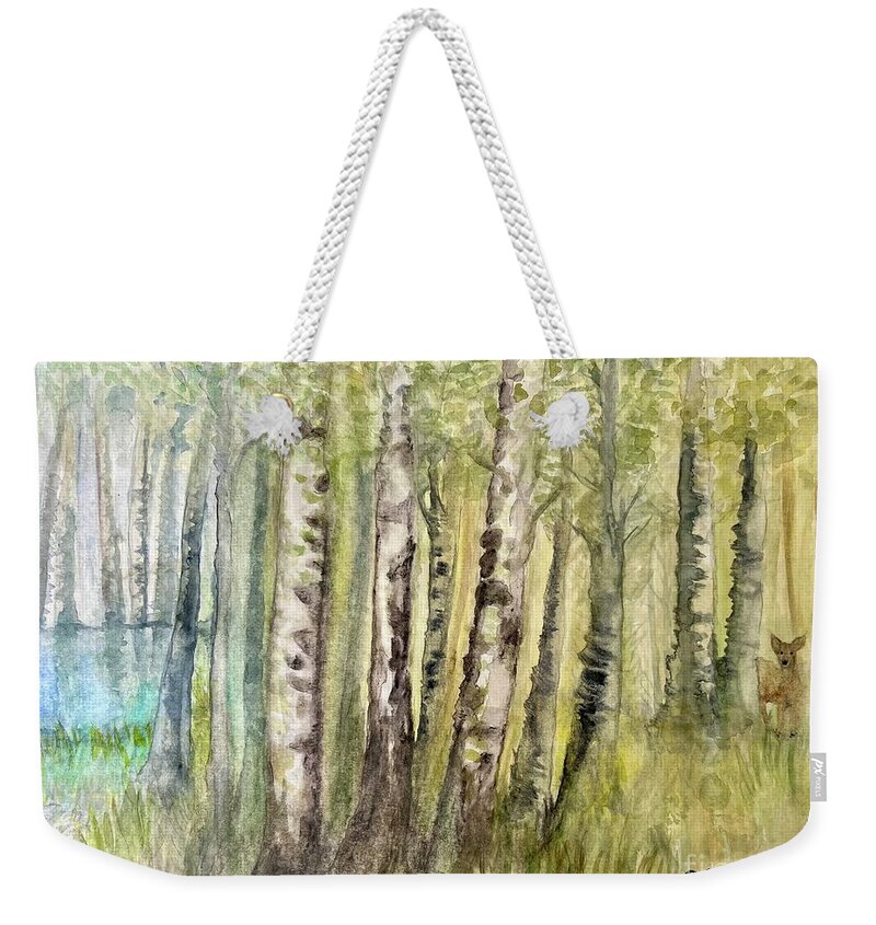 Birch Trees Weekender Tote Bag featuring the painting Birch Forest Visitor by Deb Stroh-Larson