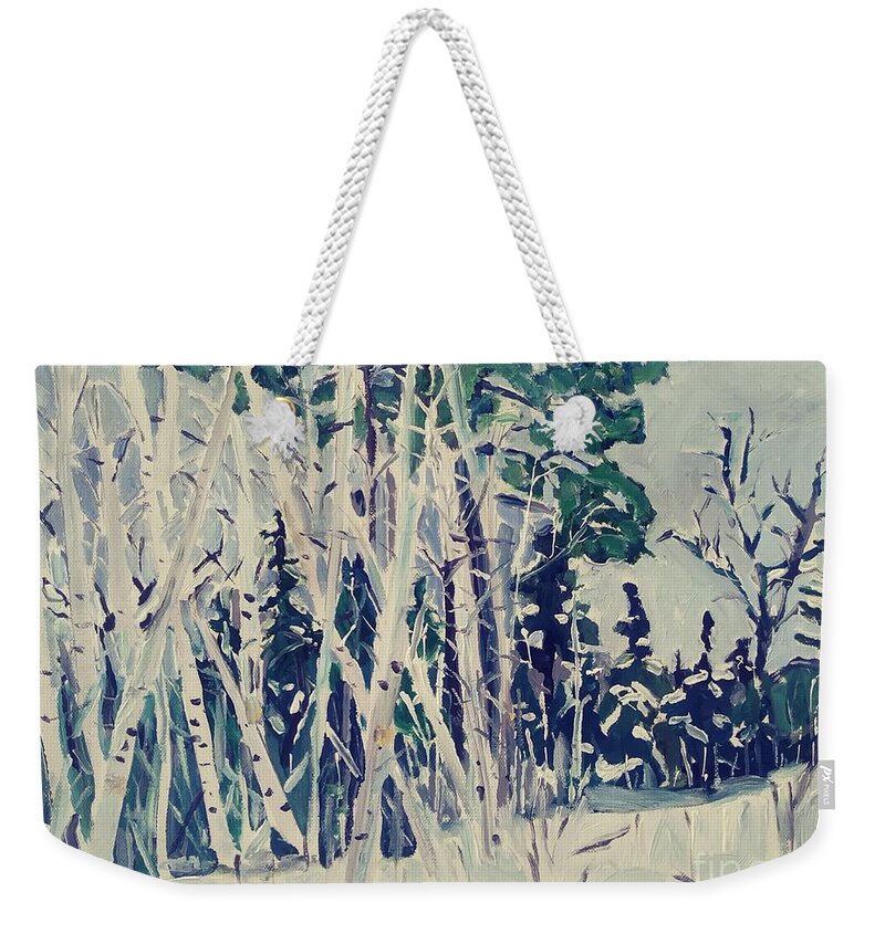 Birch Weekender Tote Bag featuring the painting Birch Grove by Rodger Ellingson