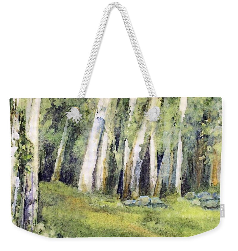 Landscape Weekender Tote Bag featuring the painting Birch Trees and Spring Field by Laurie Rohner