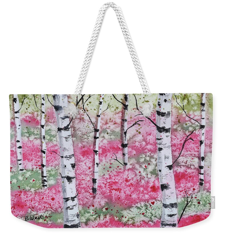 Watercolor Weekender Tote Bag featuring the painting Birch Trees and Pink Flowers by Barbara West