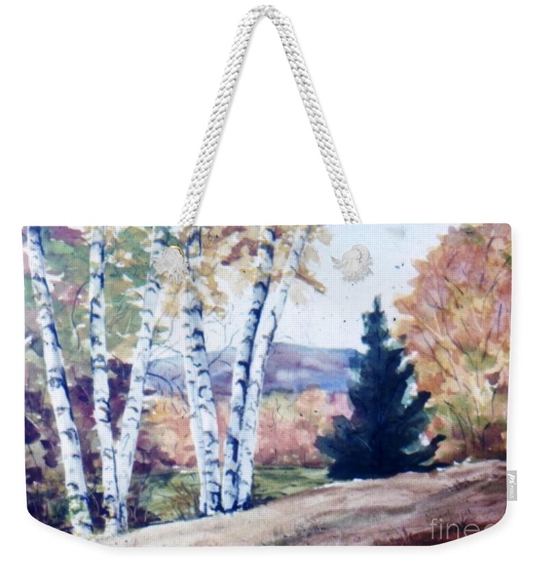 Landscape Weekender Tote Bag featuring the painting Birches in Autumn by Catherine Ludwig Donleycott