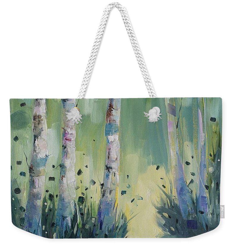 Birches Weekender Tote Bag featuring the painting Birches with Portal by Sheila Romard