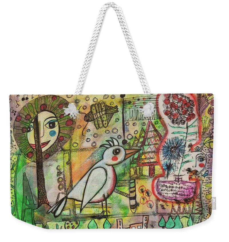 Bird Weekender Tote Bag featuring the mixed media BIRD and APPLETREE by Mimulux Patricia No