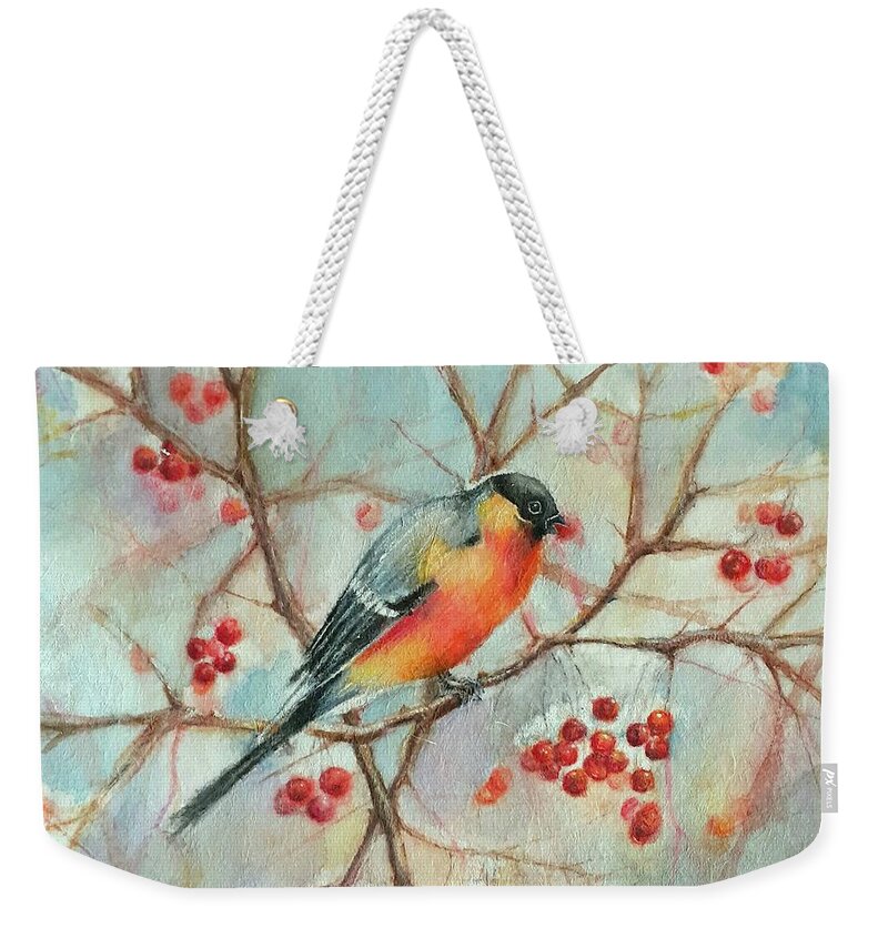 Bird Weekender Tote Bag featuring the painting Bird eating on a branch by Carolina Prieto Moreno