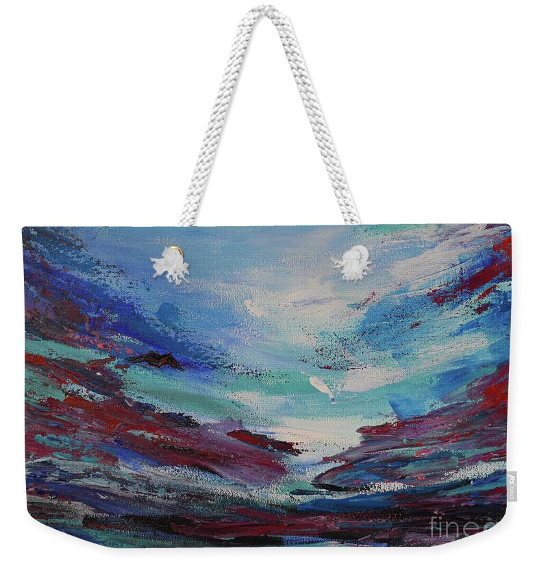Abstract Weekender Tote Bag featuring the painting Bird In Flight, Searching The Skies For Dreams by Leonida Arte