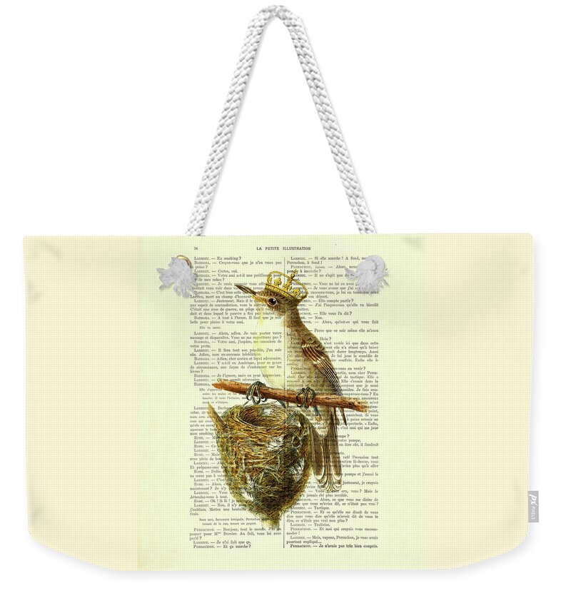 Bird Weekender Tote Bag featuring the digital art Bird with golden crown and bird's nest art by Madame Memento