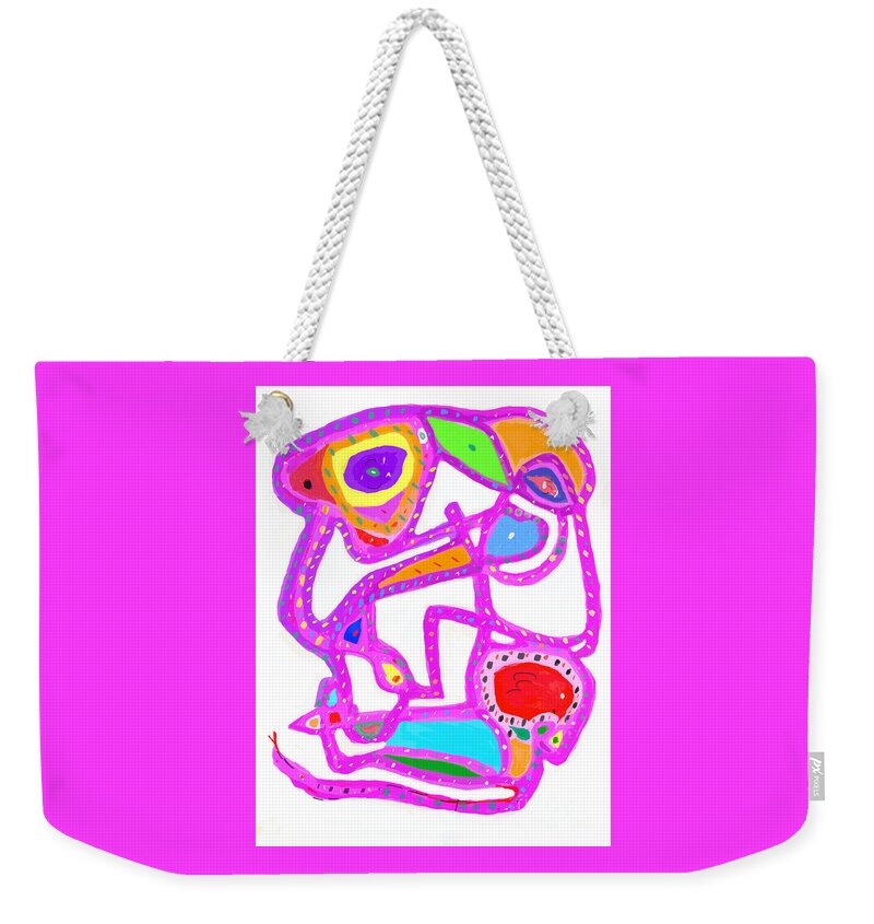 Primitive Impressionistic Expressionism Weekender Tote Bag featuring the digital art Birdman's Purple Face by Zotshee Zotshee