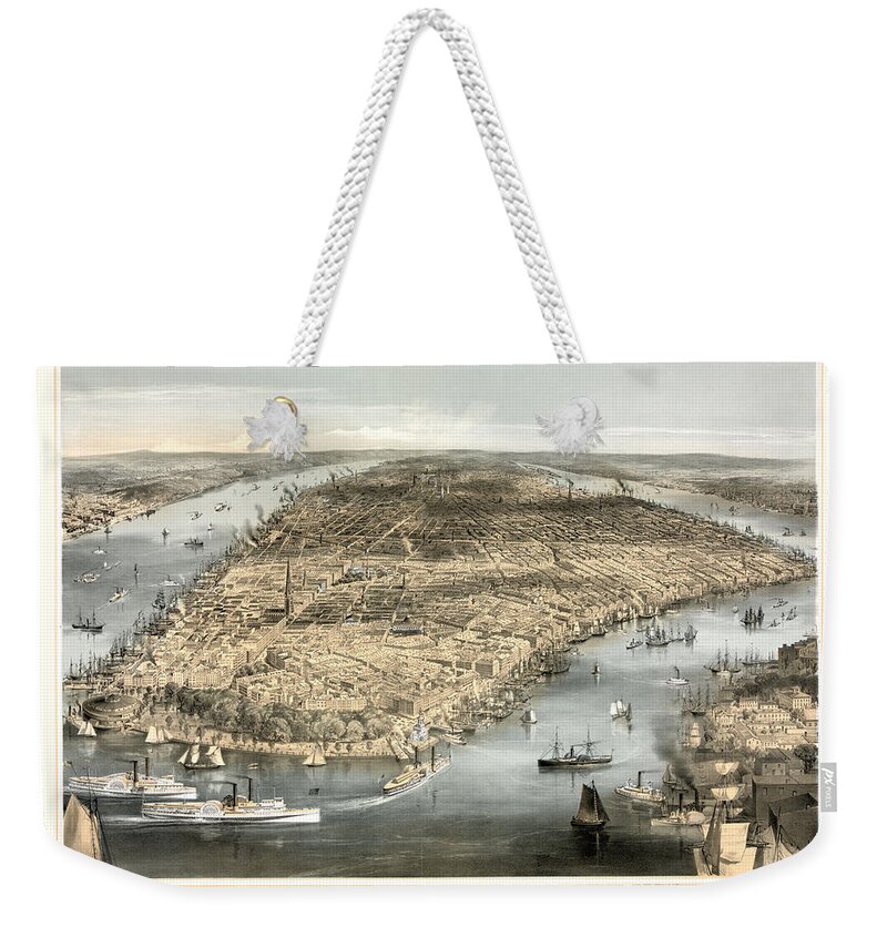 Aerial Map Weekender Tote Bag featuring the digital art Birdseye view of NYC by Gary Grayson