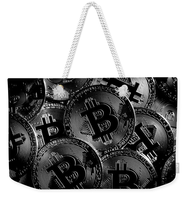 Bitcoin Weekender Tote Bag featuring the photograph Bitcoin Cryptocurrency Art - Noir by Marianna Mills