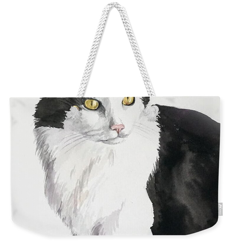 Cat Weekender Tote Bag featuring the painting Black and white cat by Christopher Shellhammer