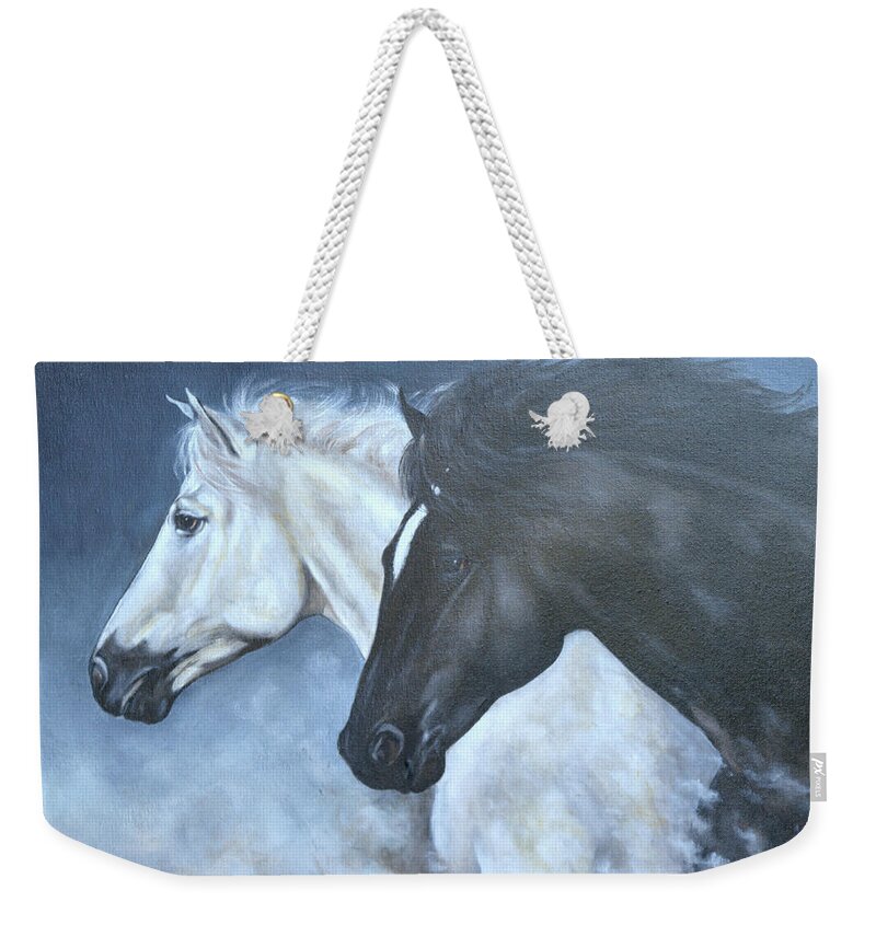 Horses Weekender Tote Bag featuring the painting Black and White by Charles Berry