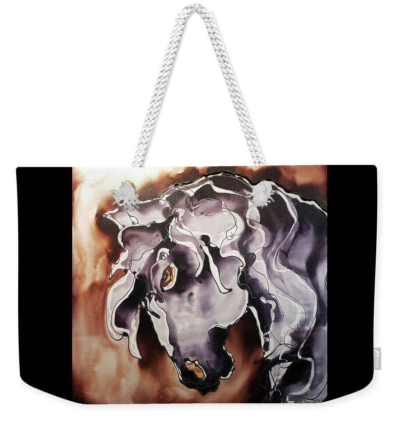 Hand Painted Silk Weekender Tote Bag featuring the painting Black and white horse at dusk by Karla Kay Benjamin