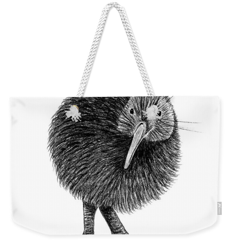 New Zealand Bird Weekender Tote Bag featuring the drawing Black and White Kiwi Bird of New Zealand by Donna Mibus