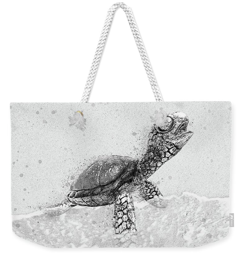 Sea Turtle On Beach Weekender Tote Bag featuring the digital art Black and White Sea Turtle on Beach by Pamela Williams