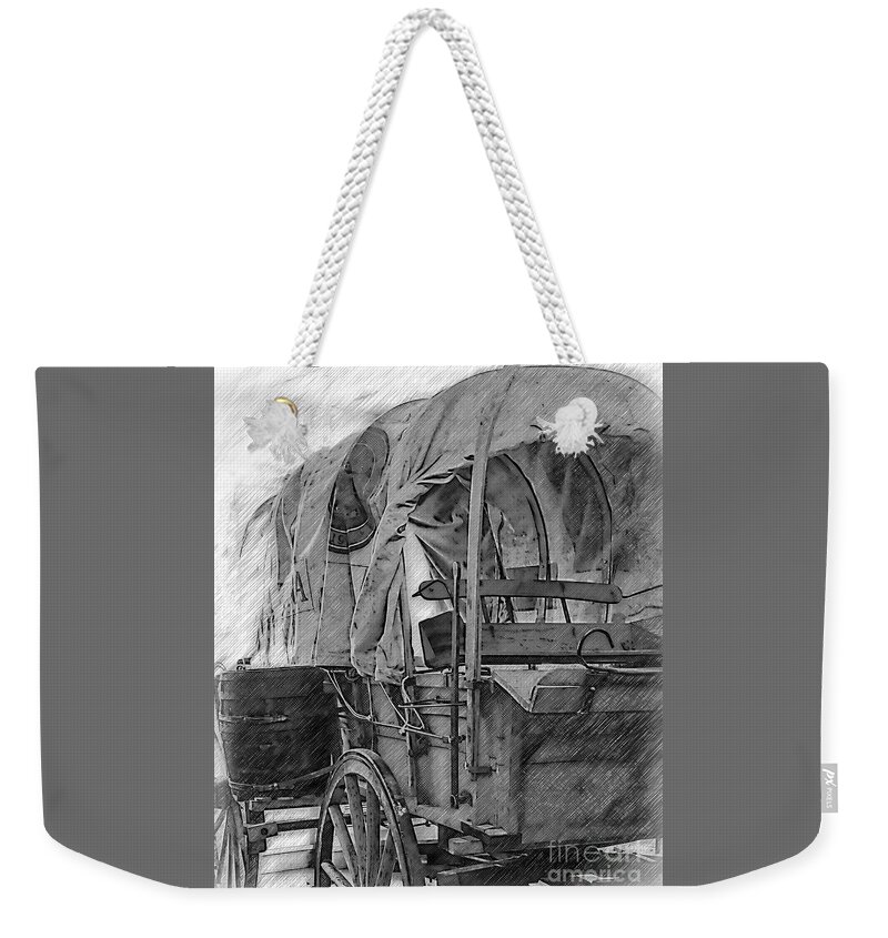 Covered-wagon Weekender Tote Bag featuring the digital art Black And White Sketched Covered Wagon by Kirt Tisdale