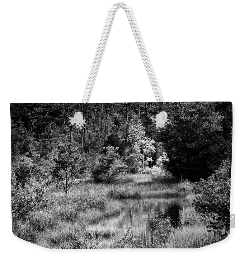 Marsh Weekender Tote Bag featuring the photograph Black and White Tidal Creek in the Croatan by Bob Decker