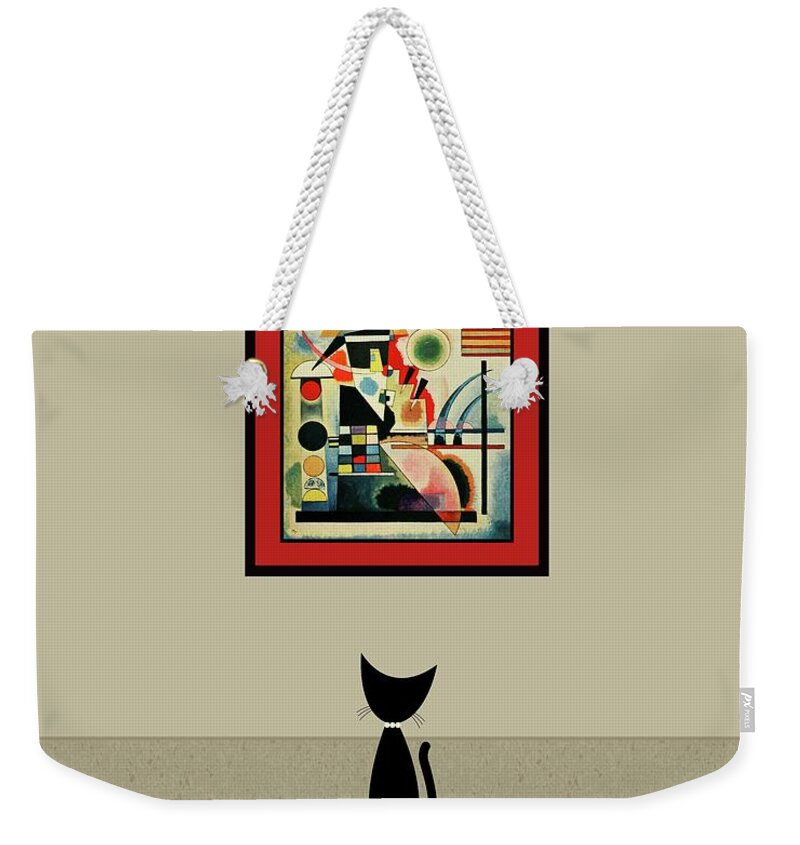 Wassily Kandinsky Weekender Tote Bag featuring the digital art Black Cat Admires Kandinsky Painting by Donna Mibus