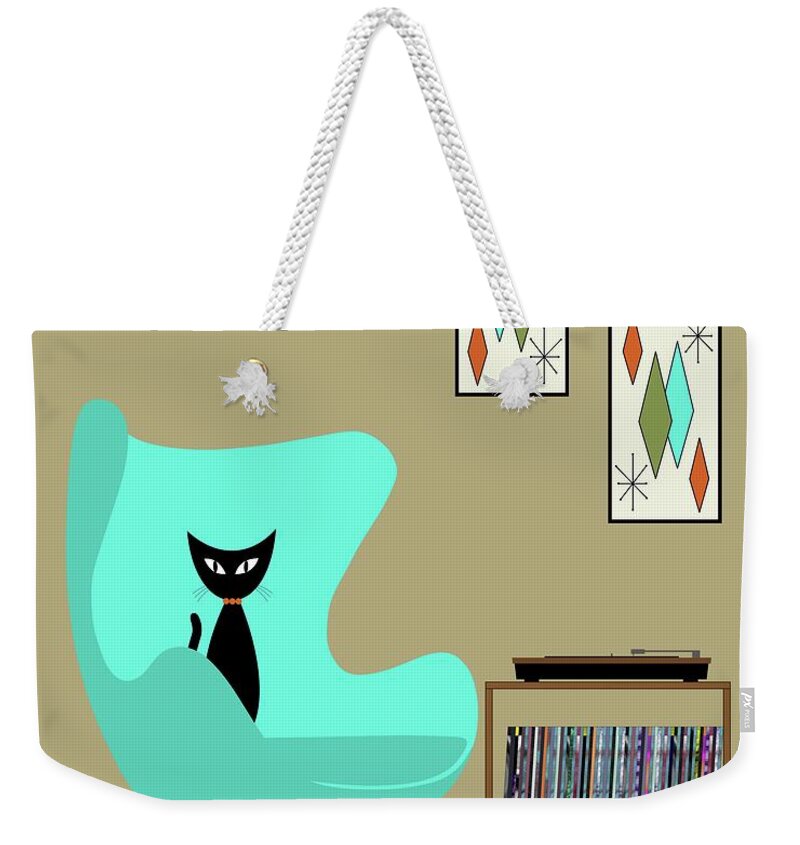 Mid Century Black Cat Weekender Tote Bag featuring the digital art Black Cat in Record Player Room by Donna Mibus