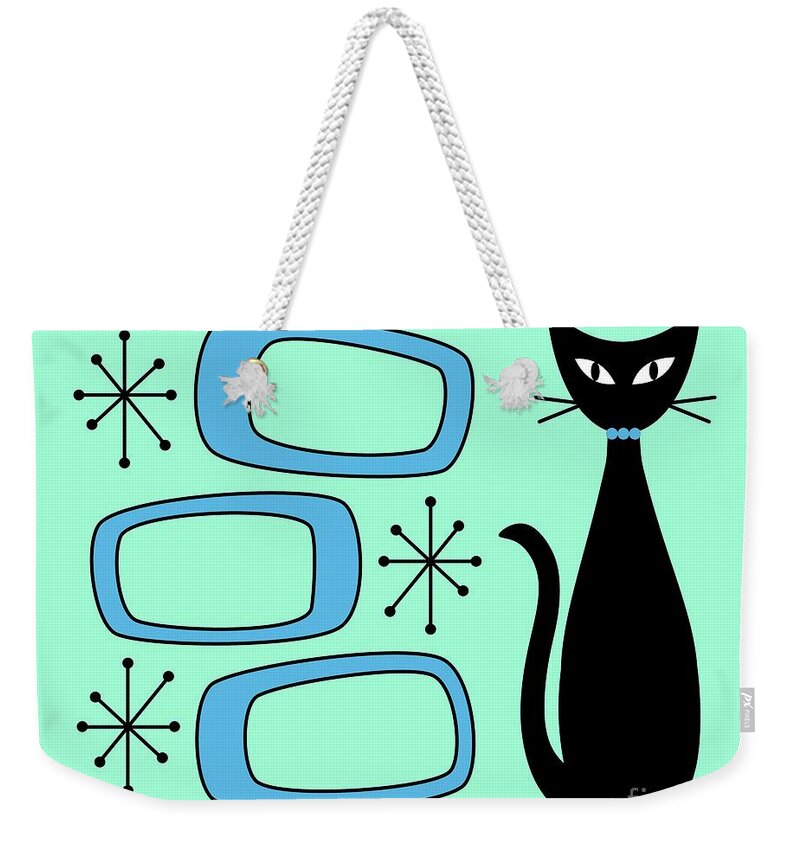 Mid Century Cat Weekender Tote Bag featuring the digital art Black Cat with Mod Oblongs Aqua by Donna Mibus
