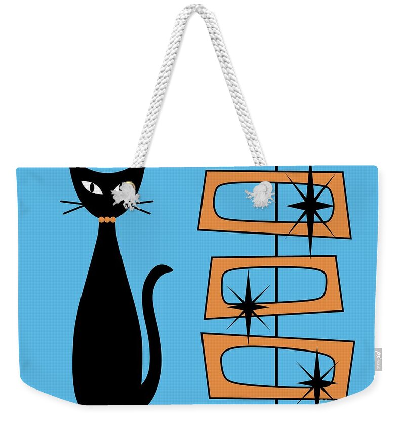 Mid Century Cat Weekender Tote Bag featuring the digital art Black Cat with Mod Rectangles Blue by Donna Mibus