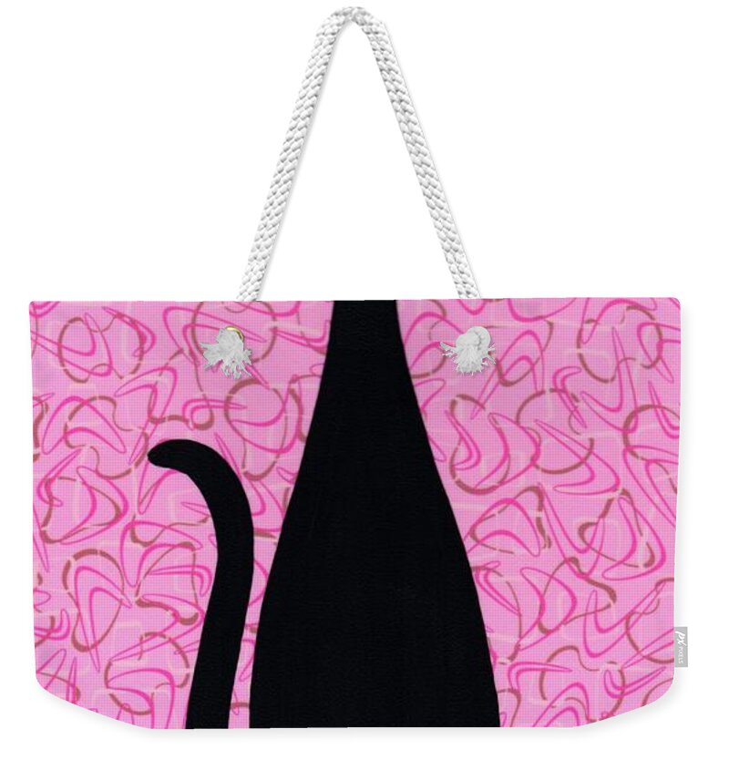Mid Century Modern Black Cat Weekender Tote Bag featuring the mixed media Black Cat with Pink Rhinestone Collar by Donna Mibus