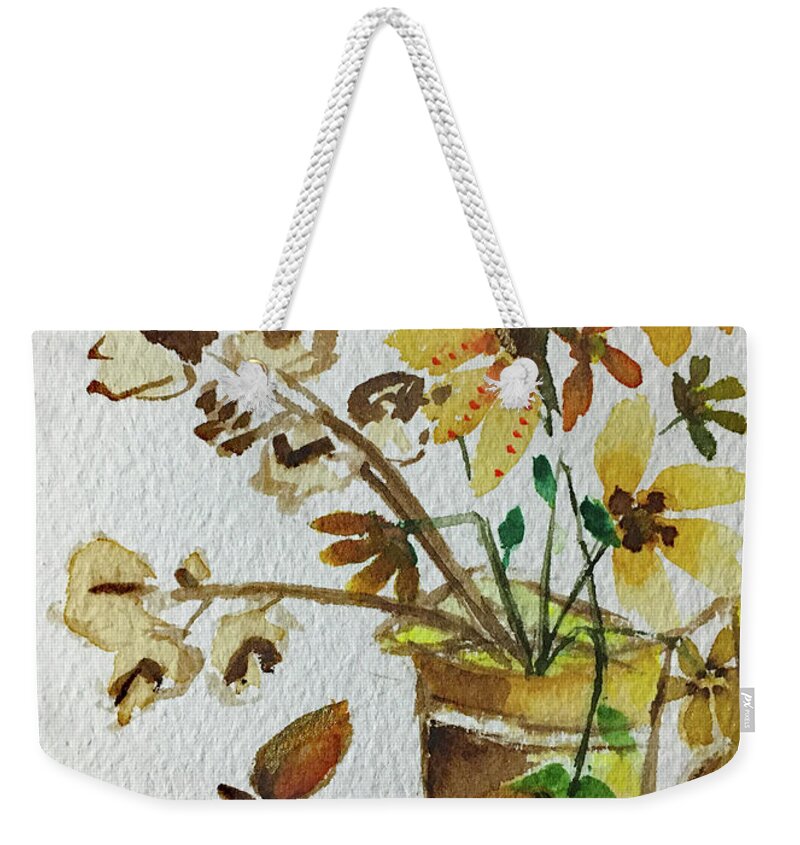 Still Life Weekender Tote Bag featuring the painting Black eyed Susans and a Pear by Roxy Rich