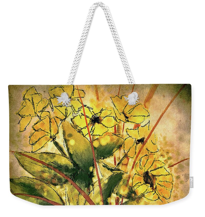 Flower Weekender Tote Bag featuring the digital art Black Eyed Susans In A Clay Pot by Lois Bryan