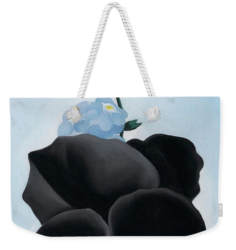 Georgia O'keeffe Weekender Tote Bag featuring the painting Black pansy with forget-me-nots - Modernist flower painting by Georgia O'Keeffe