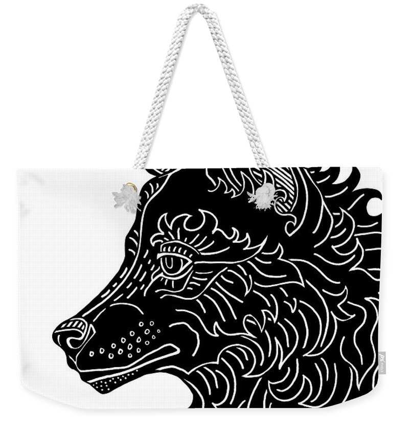 Wolf Weekender Tote Bag featuring the drawing Black Wolf. Wild Animal Ink 9 by Amy E Fraser