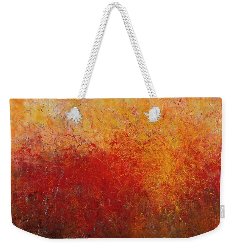 Layers Of Acrylic Paint And Glazes On Textured Wood Board Weekender Tote Bag featuring the painting Blaze by Chris Burton