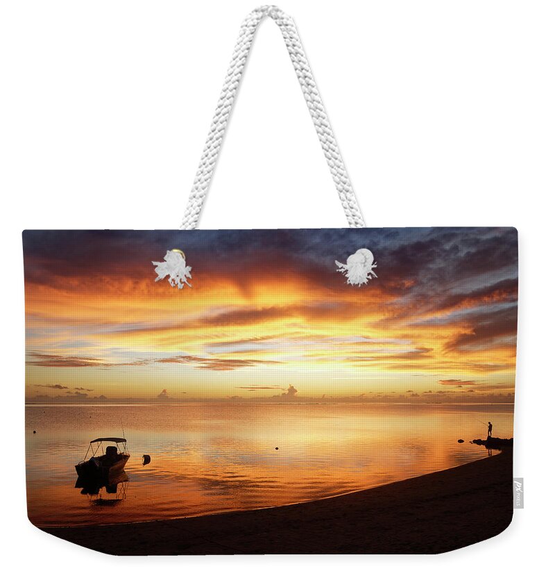 Tahiti Weekender Tote Bag featuring the photograph Blazing Sky Over Mo'orea by Heidi Fickinger