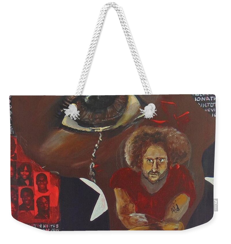 Flag Weekender Tote Bag featuring the painting Blood on the Flag by Saundra Johnson
