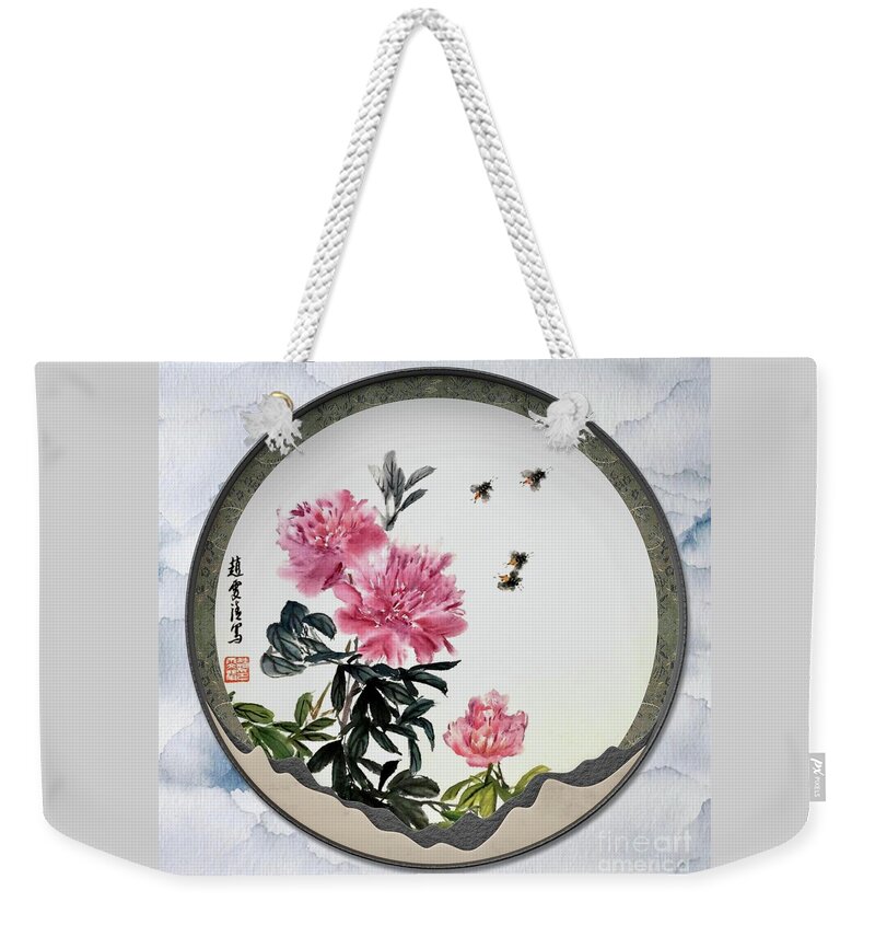 Pretty Weekender Tote Bag featuring the painting Blooming Flowers and Full Moon Brings Longevity by Carmen Lam