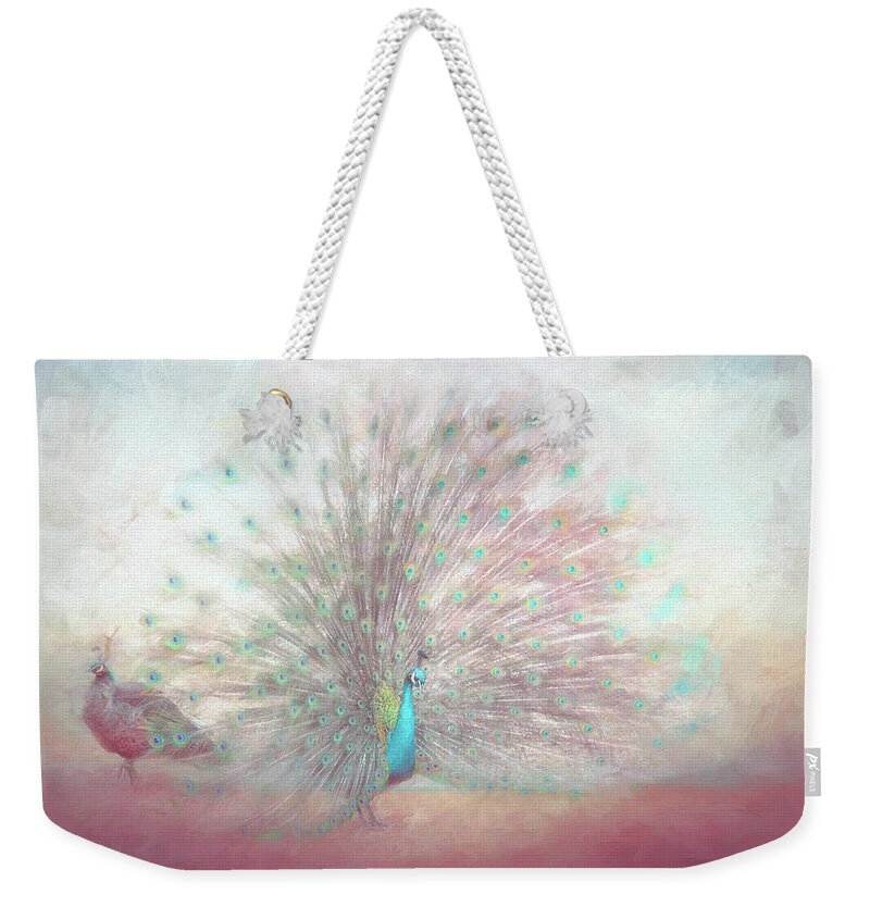 Peacock Weekender Tote Bag featuring the painting Blooming Peacock in Fuchsia Pink by Jai Johnson