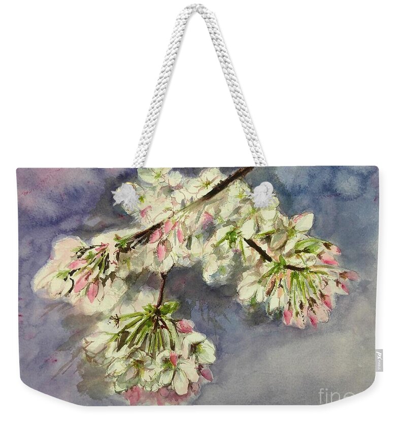 Cherry Blossoms Weekender Tote Bag featuring the painting Blossoms in the Breeze by Sonia Mocnik