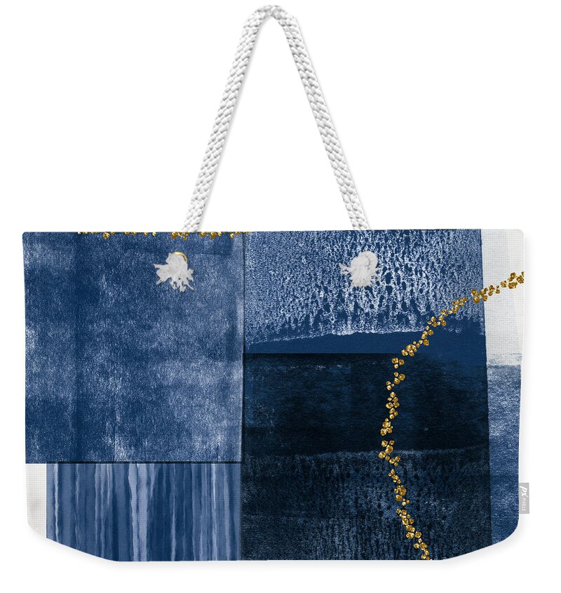 Abstract Weekender Tote Bag featuring the mixed media Blue and Gold 2- Art by Linda Woods by Linda Woods
