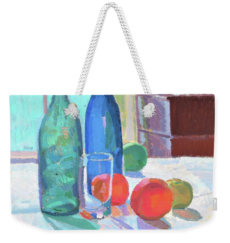 Spencer Gore Weekender Tote Bag featuring the painting Blue and Green Bottles and Oranges - Digital Remastered Edition by Spencer Gore