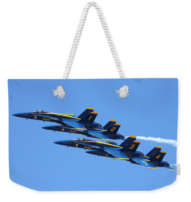 Blue Angels Weekender Tote Bag featuring the photograph Blue Angels Diamond by Custom Aviation Art