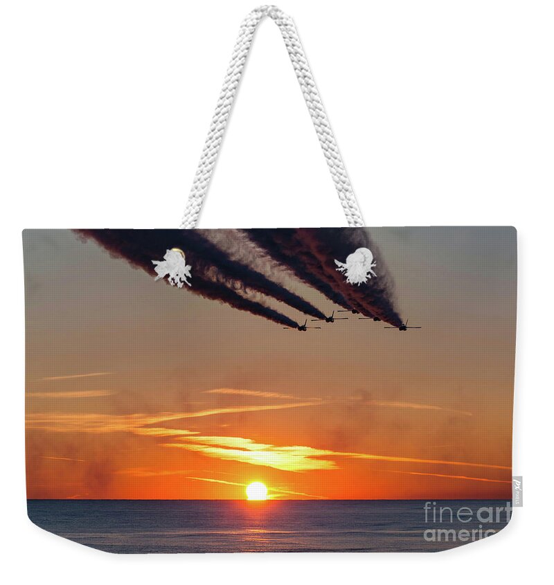 Blue Angels Weekender Tote Bag featuring the photograph Blue Angels Flying Over The Sunset by Beachtown Views
