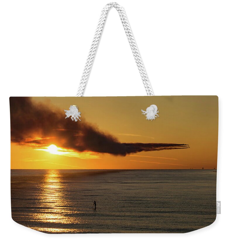 Blue Angels Weekender Tote Bag featuring the photograph Blue Angels over Pensacola Beach at Sunset by Beachtown Views