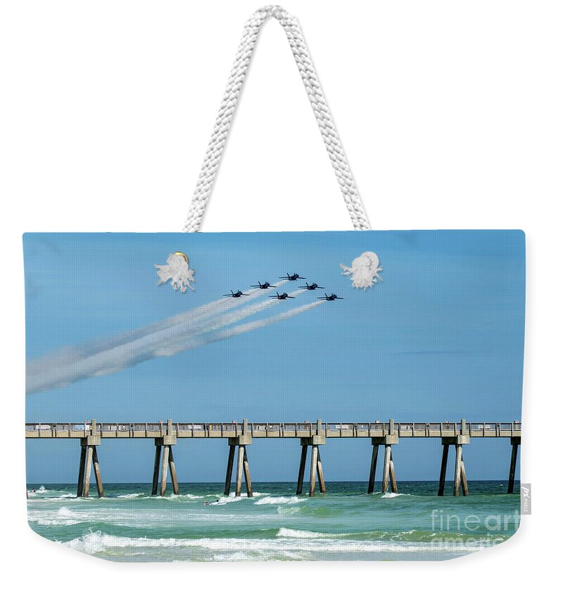 Blue Angels Weekender Tote Bag featuring the photograph Blue Angels Over Pensacola Beach Fishing Pier by Beachtown Views