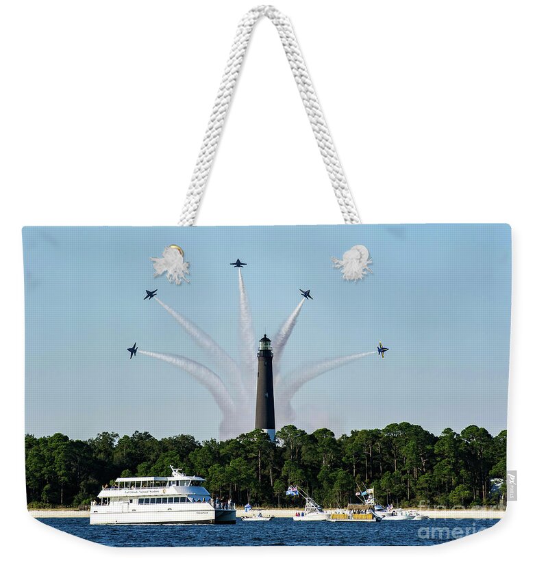 Blue Angels Weekender Tote Bag featuring the photograph Blue Angels over Pensacola Lighthouse by Beachtown Views